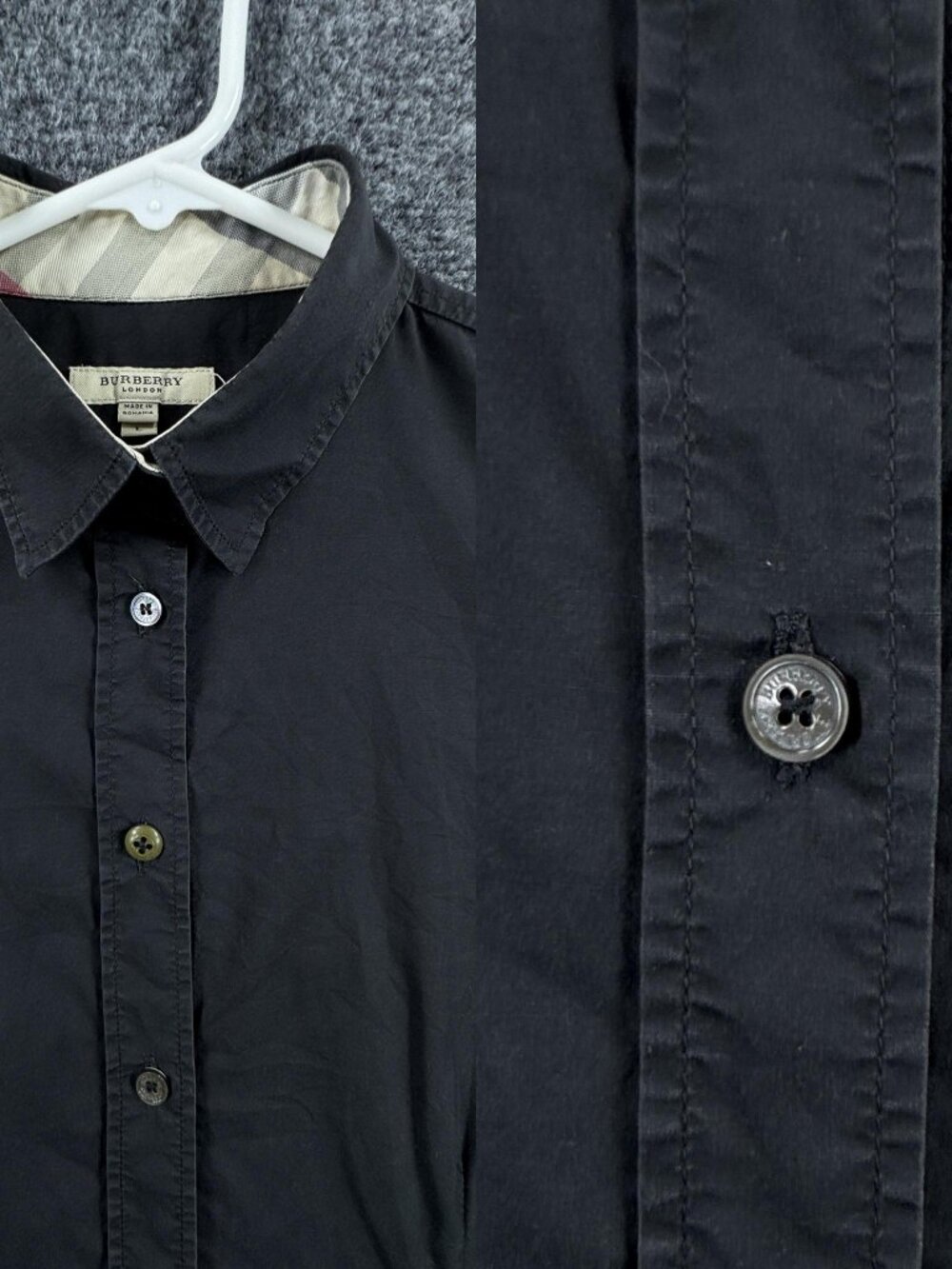 Burberry London Nova Trim Large Black Solid Women Button Up Shirt Long Sleeve